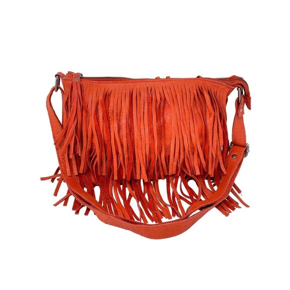 Cut n' Paste Fringe Orange Leather Purse Adjustable Strap Boho Slouchy - Picture 2 of 8